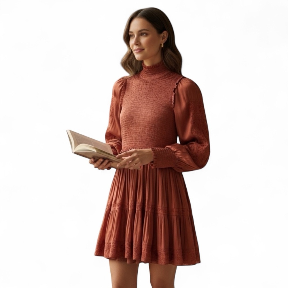 Ulla Johnson Angelica Mini Dress Terracotta Satin Shirred Embroidered Boho